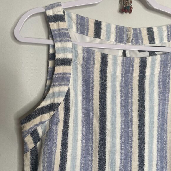 Sharagano Fully Lined Linen Blend Blue White Striped Keyhole Back Dress Size 6 - Picture 2 of 13